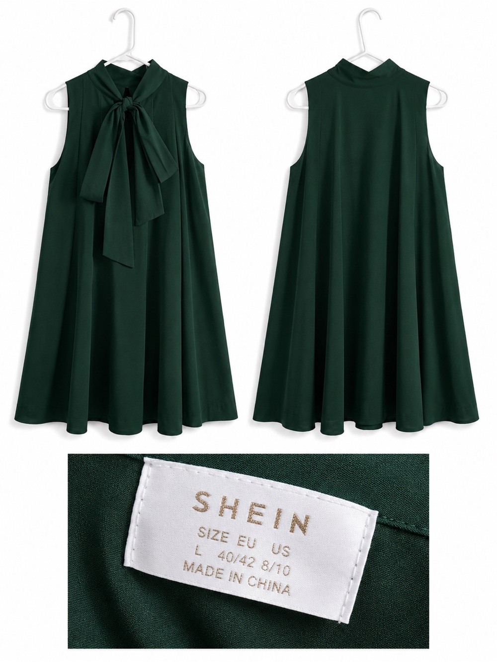 SHEIN Forest Green Sleeveless Tie-Neck Swing Dress